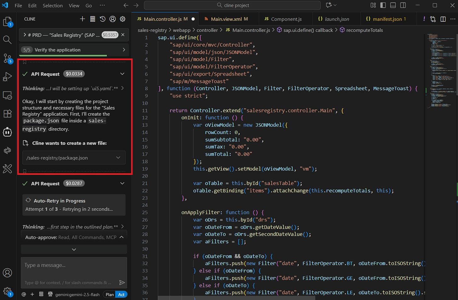 Cline inspecting workspace and proposing a plan