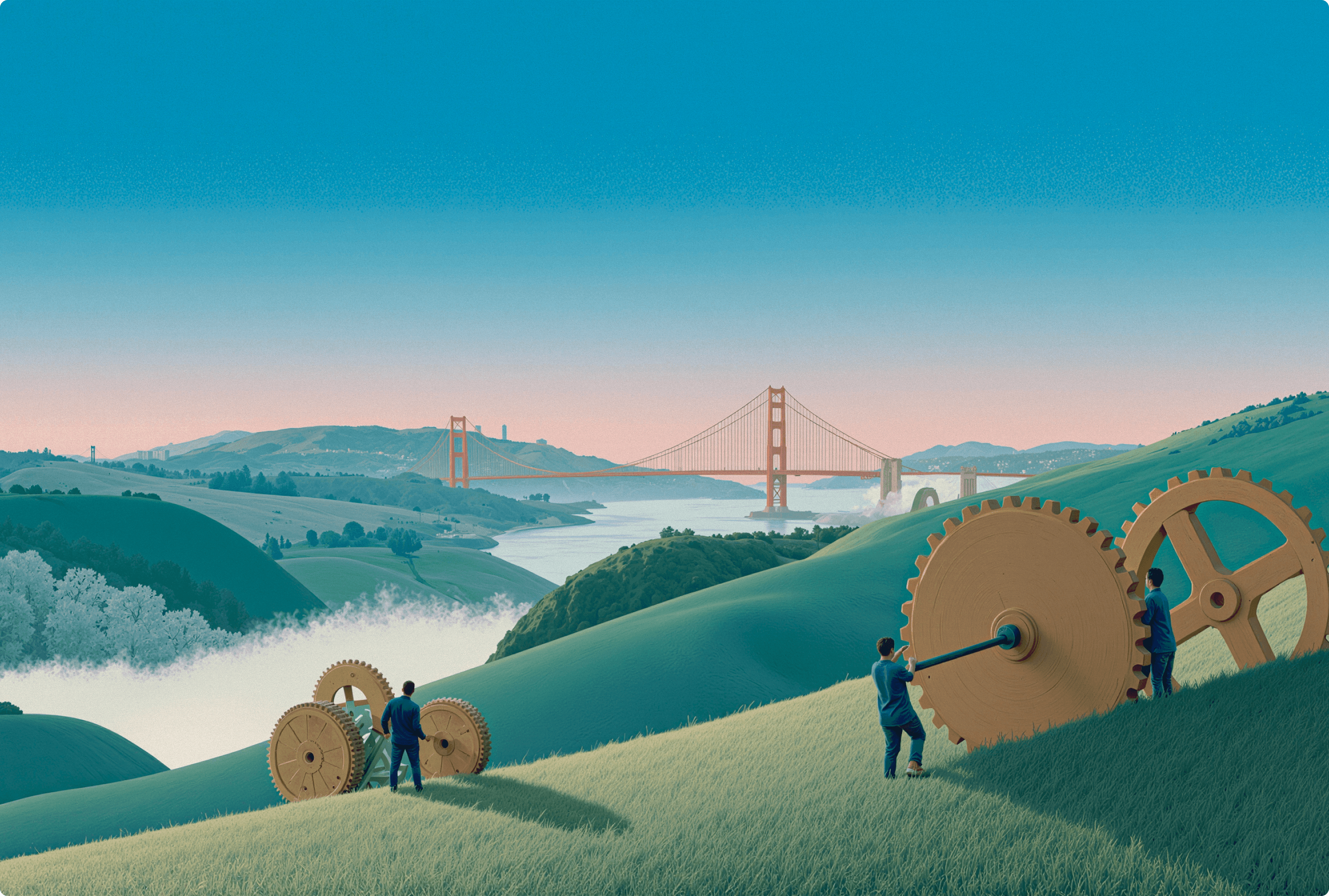 Hero illustration with Golden Gate Bridge and gears